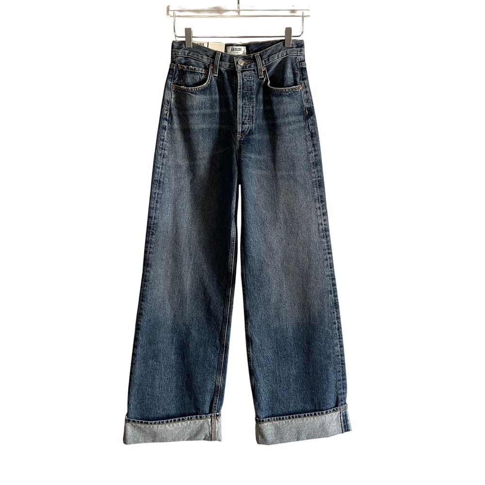 Agolde Dame Wide Leg Cuffed High Rise Denim Jeans Medium Wash Size 24 Blue